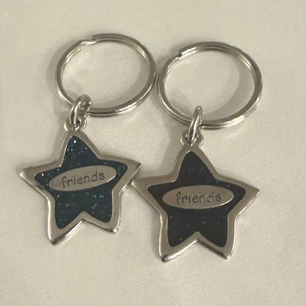 Friends Star Keychain Set Glitter Sparkle BFF Gift Blue‎ Silver Tone